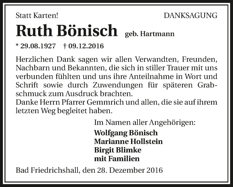  Traueranzeige für Ruth Bönisch vom 28.12.2016 aus 