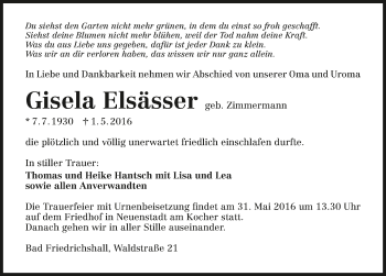 Traueranzeige von Gisela Elsässer 