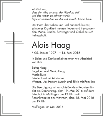 Traueranzeige von Alois Haag 