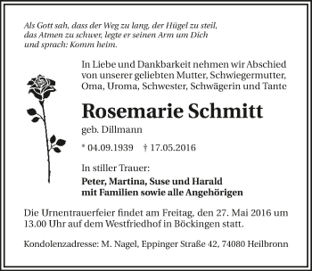 Traueranzeige von Rosemarie Schmitt 