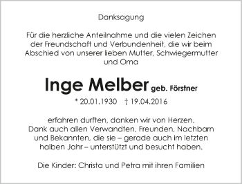 Traueranzeige von Inge Melber 