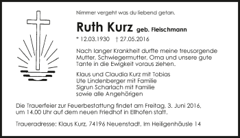 Traueranzeige von Ruth Kurz 
