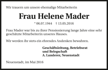 Traueranzeige von Helene Mader 