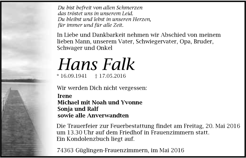  Traueranzeige für Hans Falk vom 18.05.2016 aus 