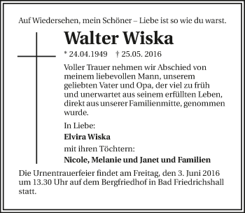 Traueranzeige von Walter Wiska 