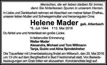 Traueranzeige von Helene Mader 