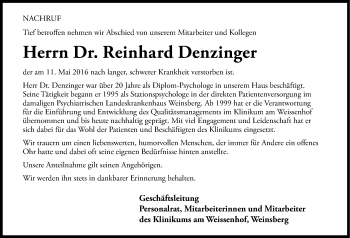 Traueranzeige von Reinhard Denzinger 