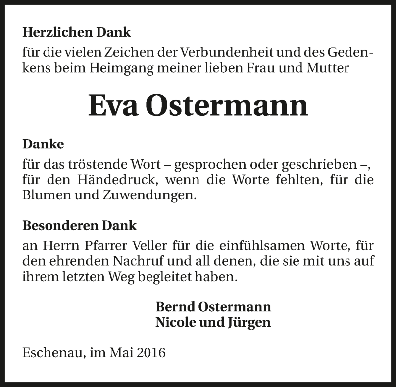  Traueranzeige für Eva Ostermann vom 21.05.2016 aus 