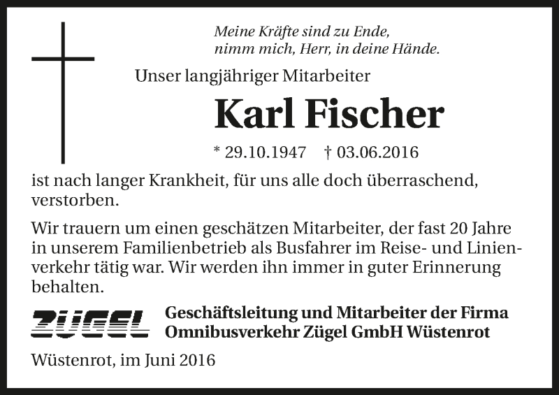  Traueranzeige für Karl Fischer vom 07.06.2016 aus 