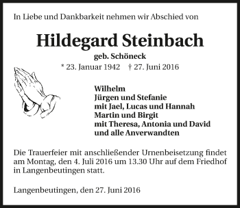 Traueranzeige von Hildegard Steinbach 
