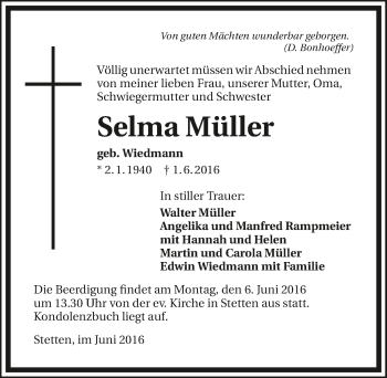 Traueranzeige von Selma Müller 