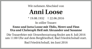 Traueranzeige von Anni Loose 