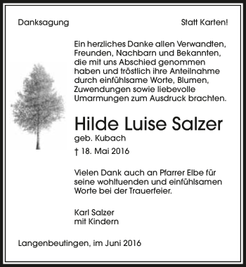 Traueranzeige von Hilde Luise Salzer 