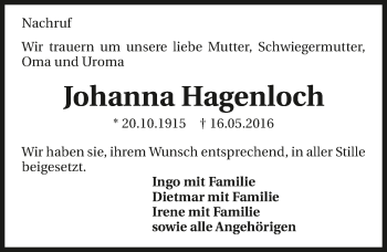 Traueranzeige von Johanna Hagenloch 