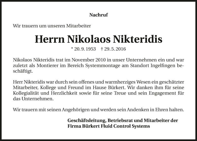  Traueranzeige für Nikolaos Nikteridis vom 03.06.2016 aus 