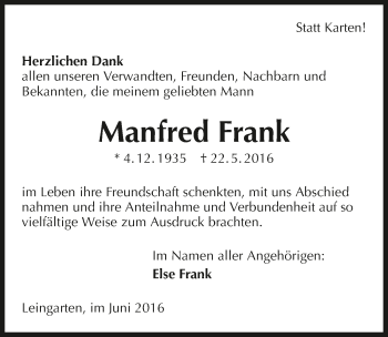 Traueranzeige von Manfred Frank 