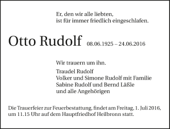 Traueranzeige von Otto Rudolf 