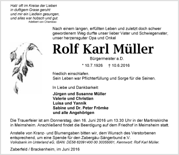 Traueranzeige von Rolf Karl Müller 
