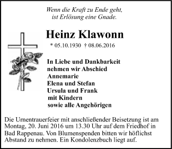 Traueranzeige von Heinz Klawonn 