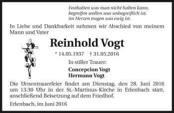 Traueranzeige von Reinhold Vogt 