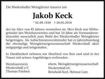 Traueranzeige von Jakob Keck 