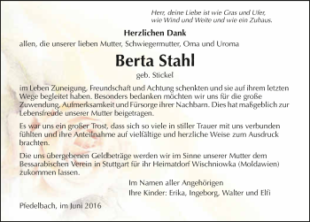 Traueranzeige von Berta Stahl 