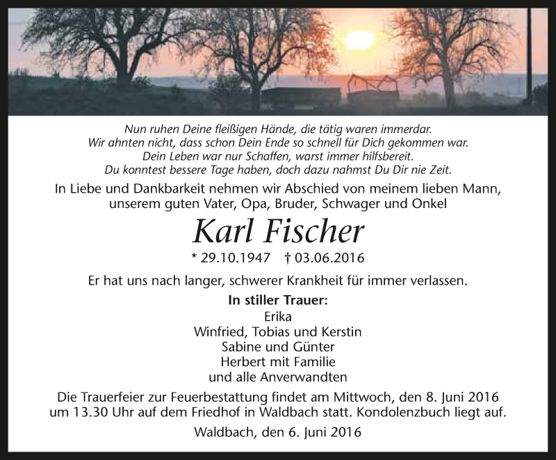 Traueranzeige für Karl Fischer vom 06.06.2016 aus 