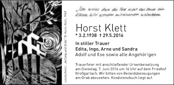 Traueranzeige von Horst Klett 