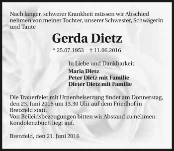 Traueranzeige von Gerda Dietz 