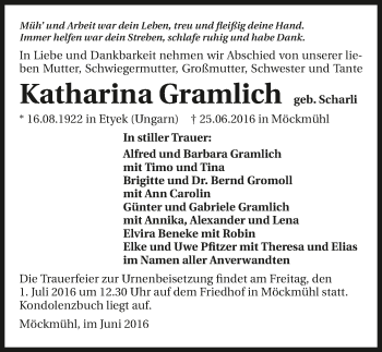 Traueranzeige von Katharina Gramlich 