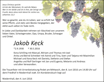 Traueranzeige von Jakob Keck 