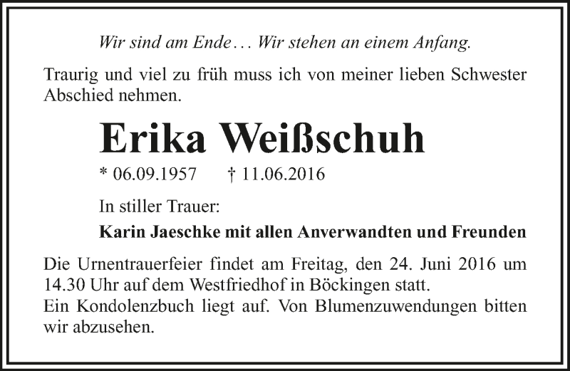  Traueranzeige für Erika Weißschuh vom 17.06.2016 aus 