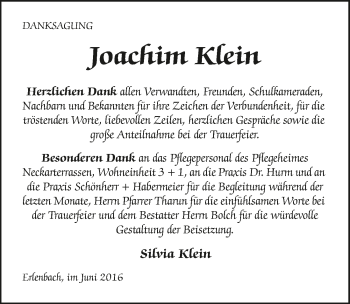 Traueranzeige von Joachim Klein 