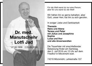 Traueranzeige von Manutschehr Lotfi Jad 