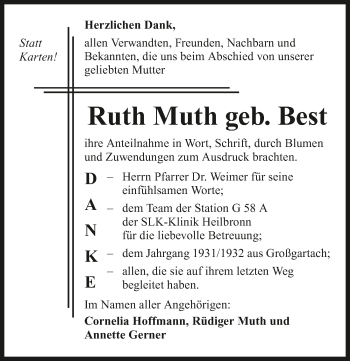 Traueranzeige von Ruth Muth 