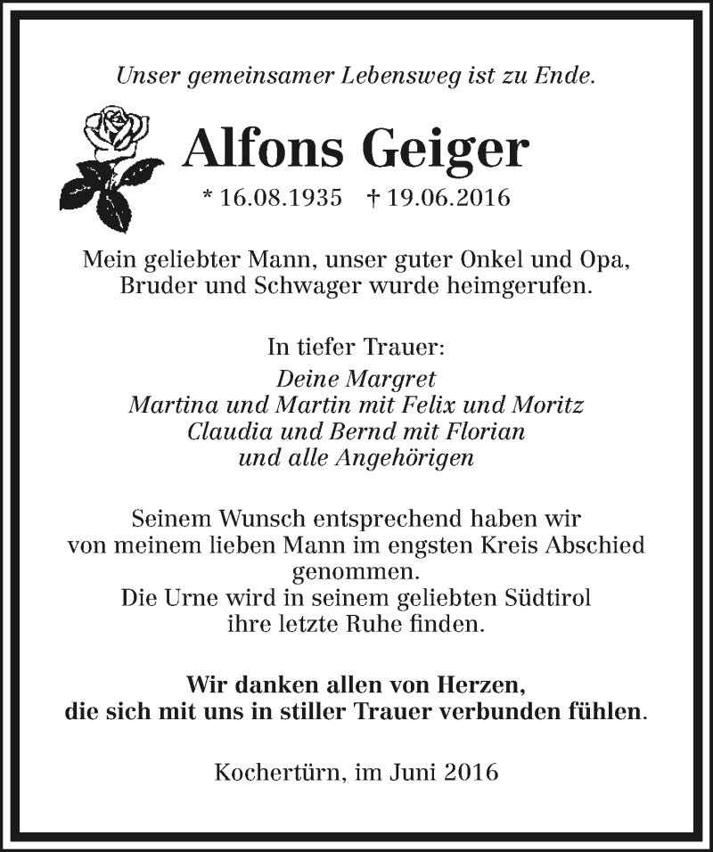  Traueranzeige für Alfons Geiger vom 27.06.2016 aus 