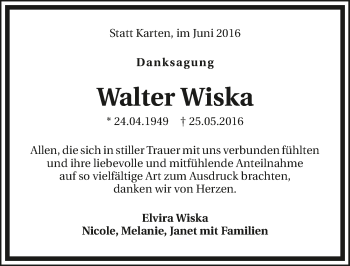 Traueranzeige von Walter Wiska 