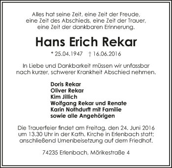 Traueranzeige von Hans Erich Rekar 