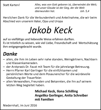 Traueranzeige von Jakob Keck 