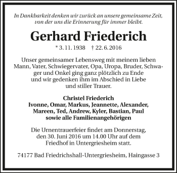 Traueranzeige von Gerhard Friederich 