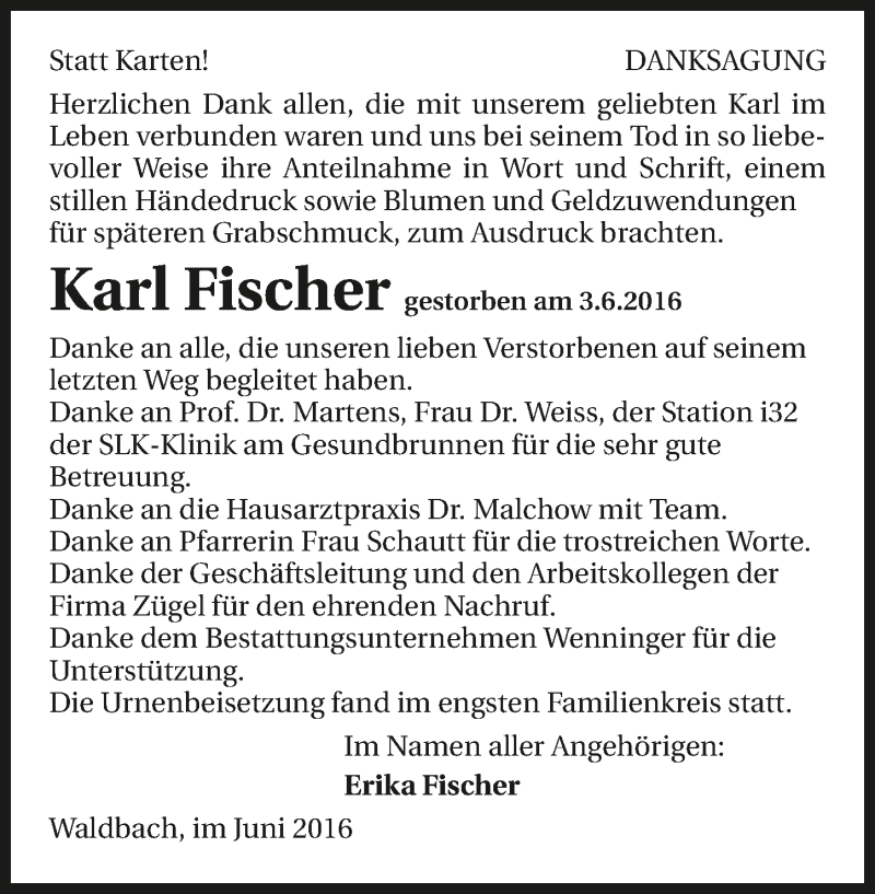  Traueranzeige für Karl Fischer vom 25.06.2016 aus 