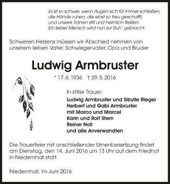 Traueranzeige von Ludwig Armbruster 