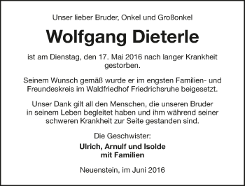 Traueranzeige von Wolfgang Dieterle 