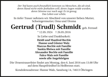 Traueranzeige von Gertrud Schmidt 