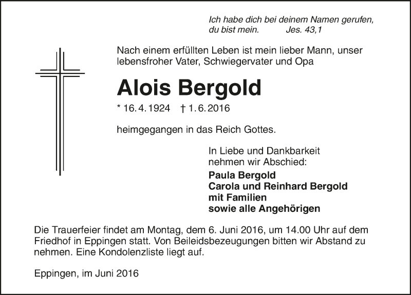  Traueranzeige für Alois Bergold vom 03.06.2016 aus 