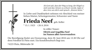 Traueranzeige von Frieda Neef 