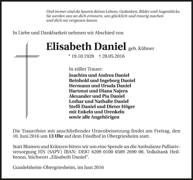  Traueranzeige für Elisabeth Daniel vom 07.06.2016 aus 