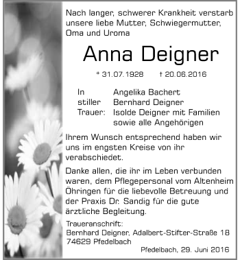 Traueranzeige von Anna Deigner 