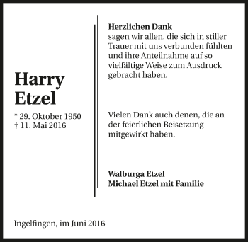 Traueranzeige von Harry Etzel 