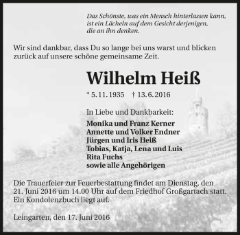 Traueranzeige von Wilhelm Heiß 